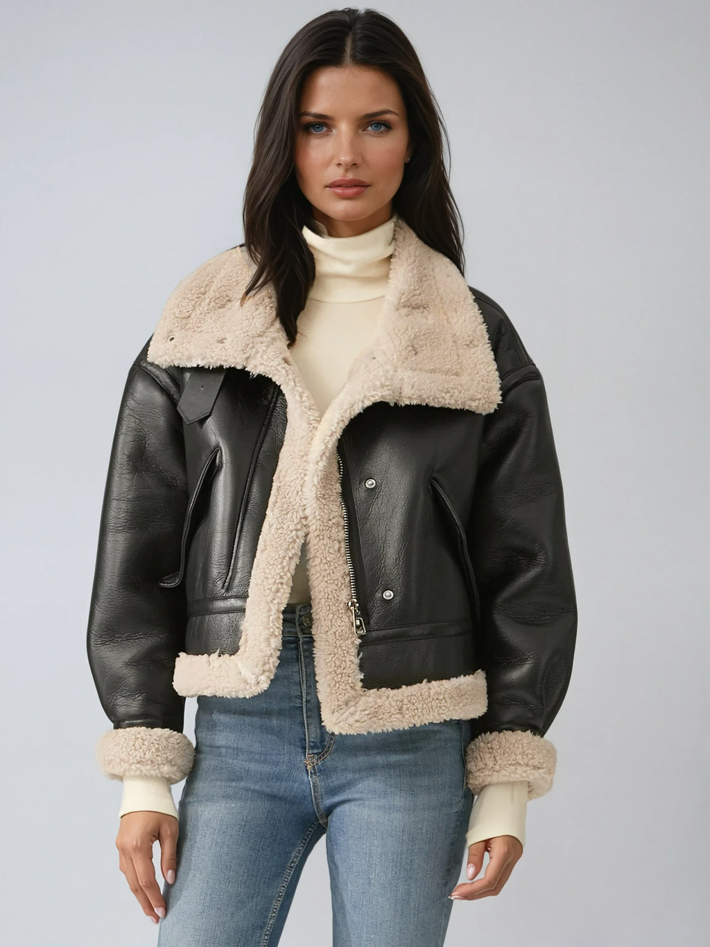 Noir | Leren Flight Jacket – Kraagriem met Sherpa Voering