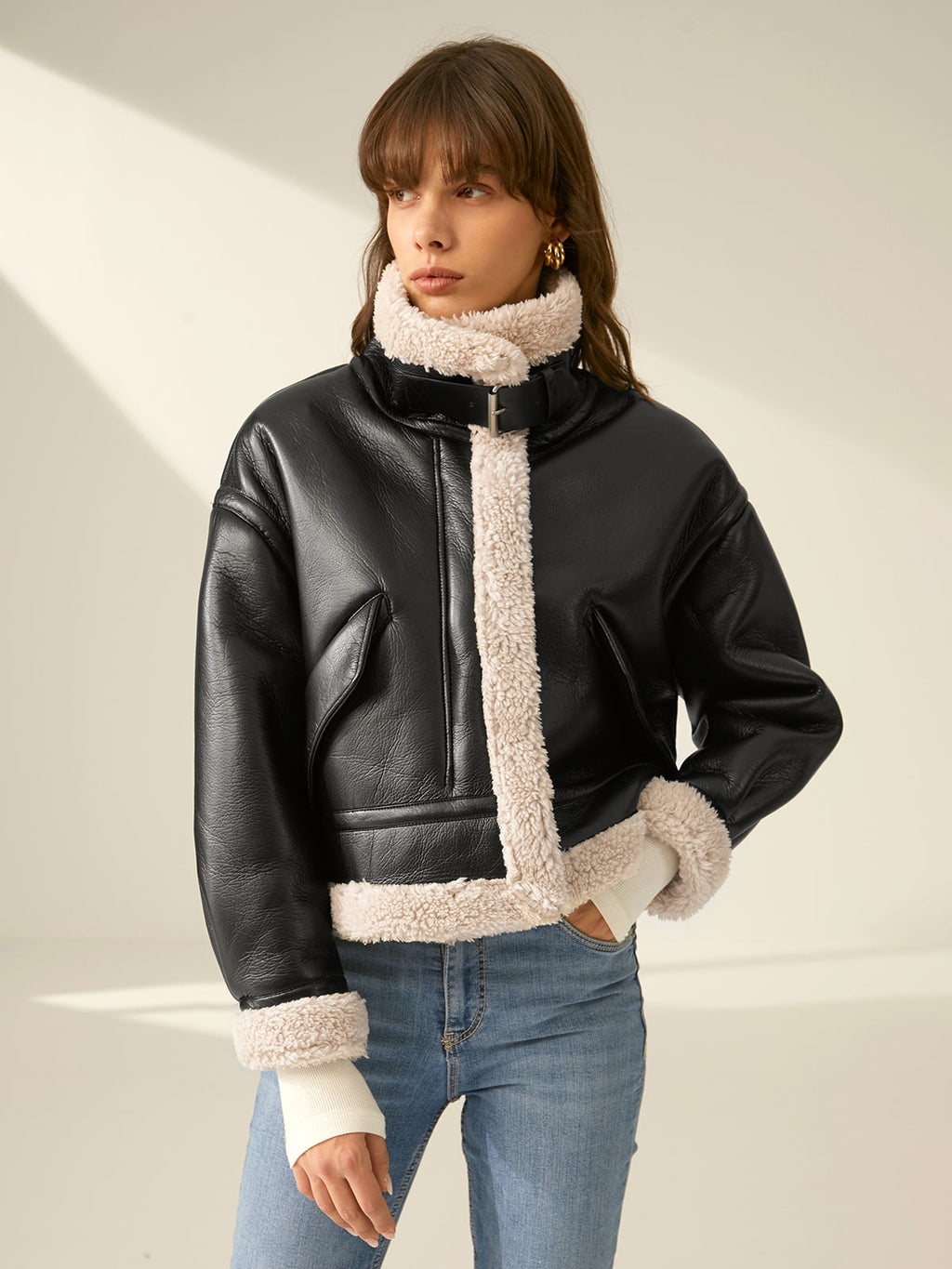Noir | Leren Flight Jacket – Kraagriem met Sherpa Voering
